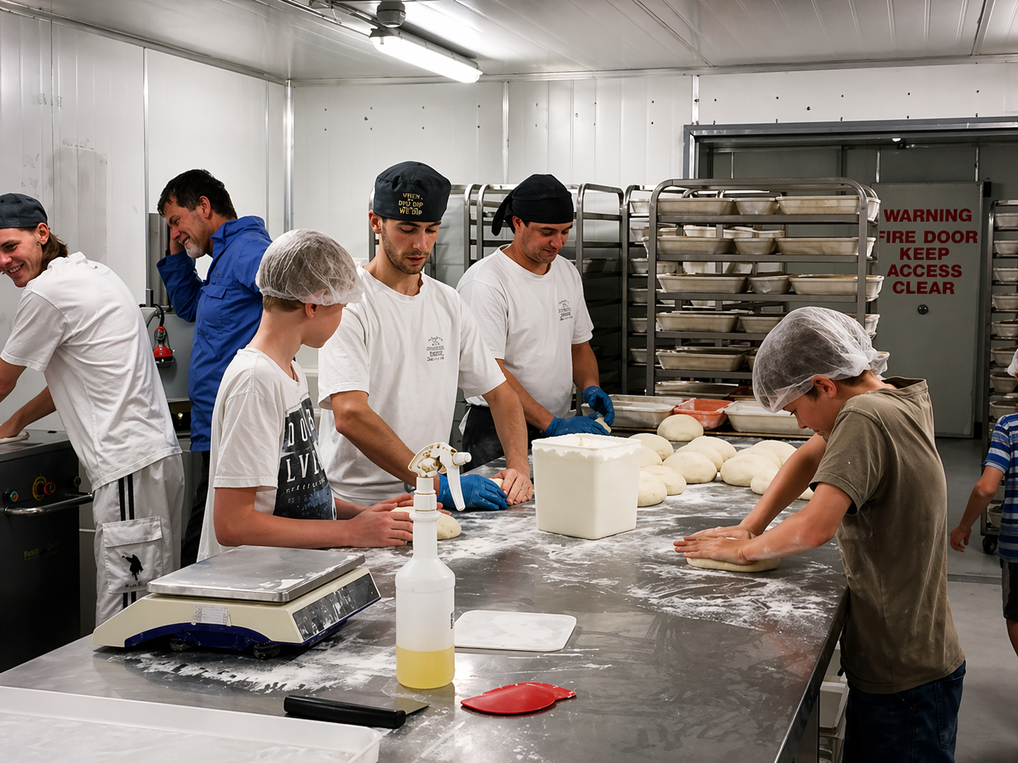 Australian bakery team preparing dough with proofing baskets in a commercial kitchen.
