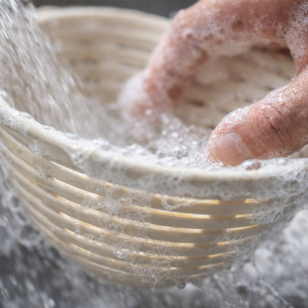 Easy to clean proofing basket being washed for hygienic daily bakery use in Australia.