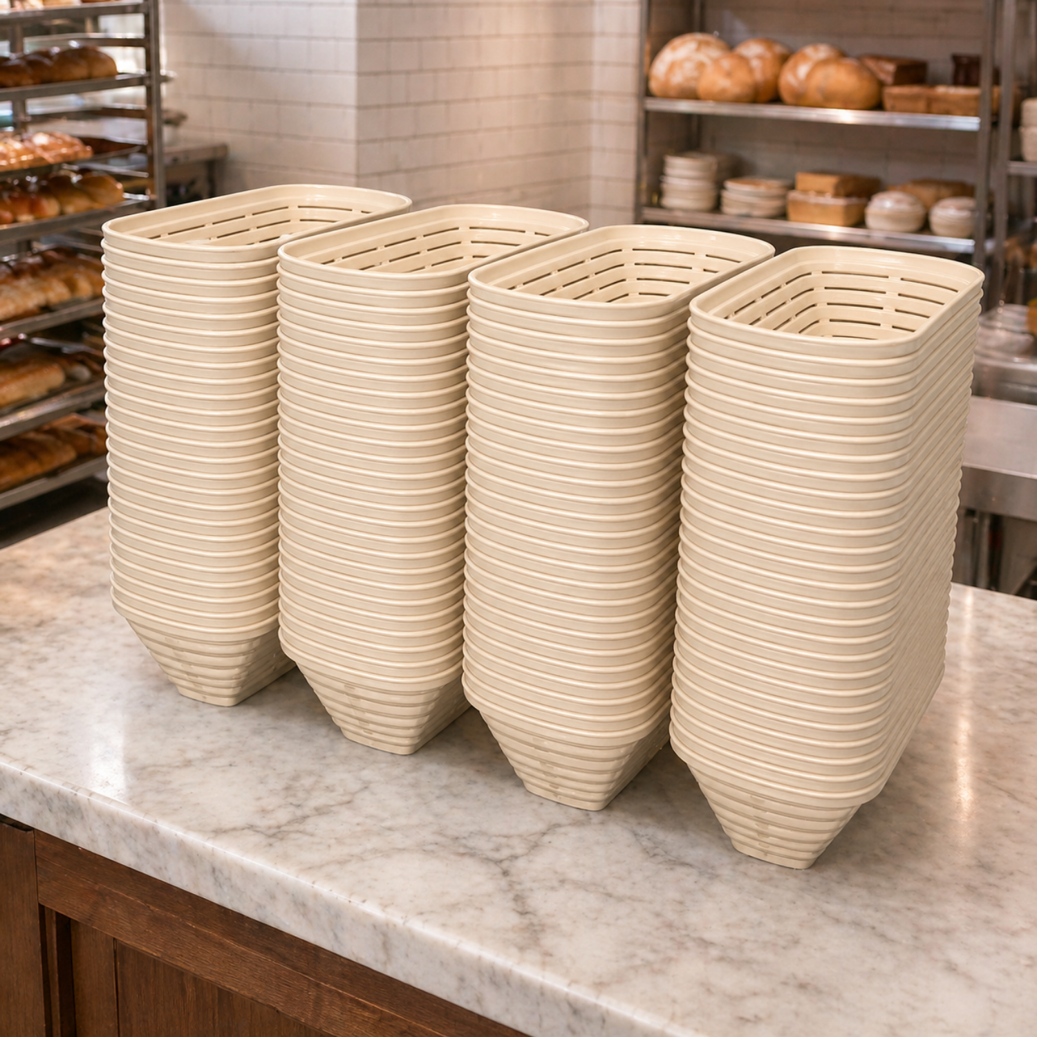 Stackable Australian made proofing baskets designed for organised commercial bakery use.