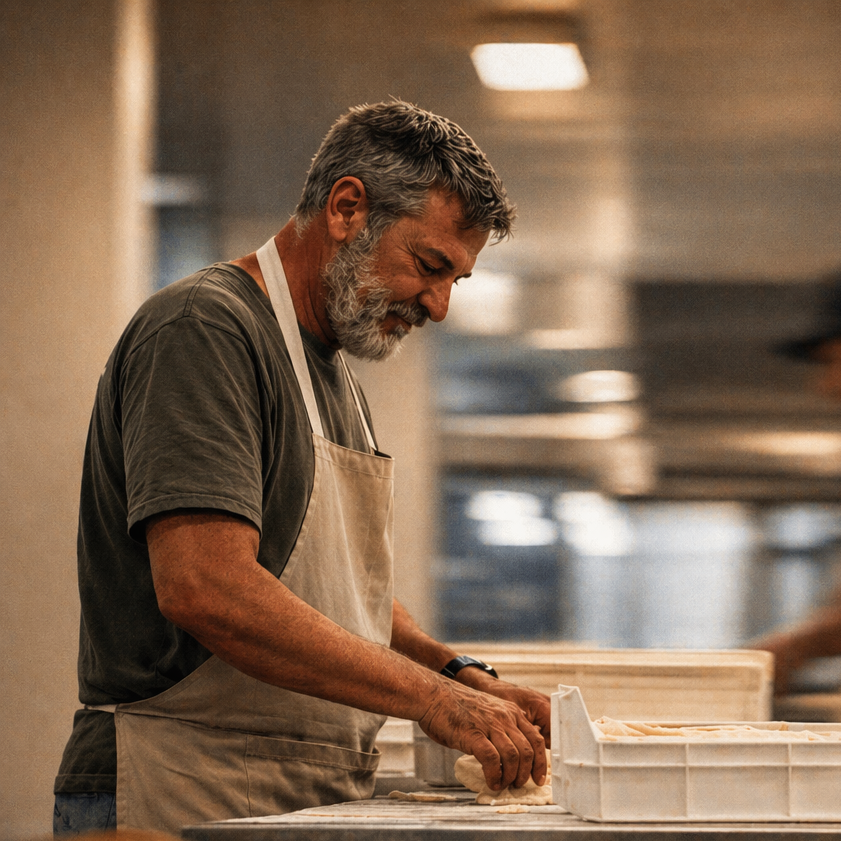 Professional baker using rectangular proofing baskets for consistent sourdough production.